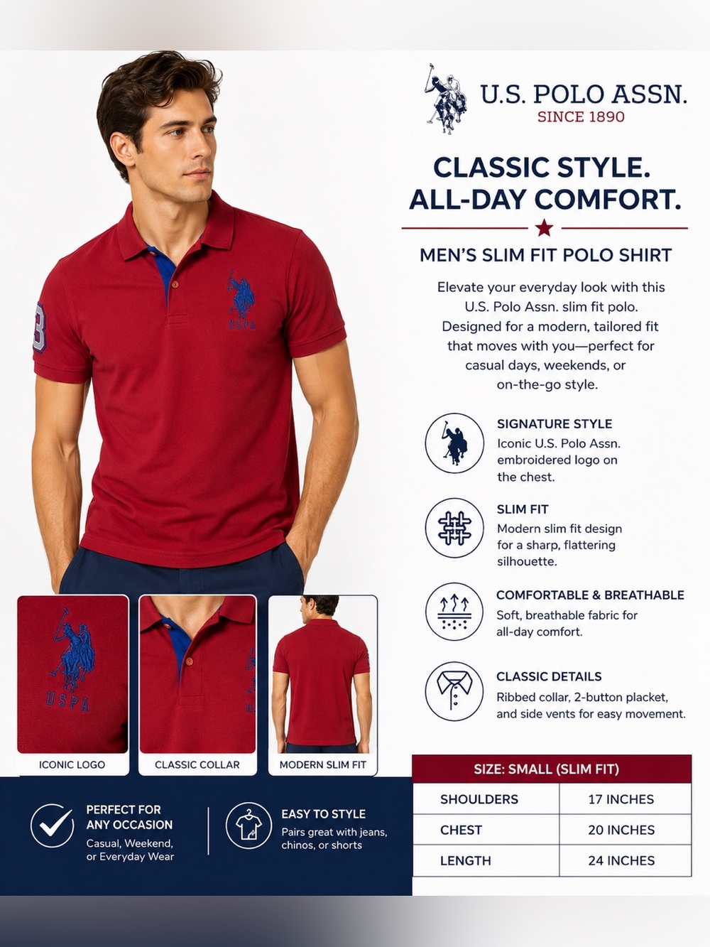U.S. Polo Assn. Men’s Red Slim Fit Polo Shirt Small Stretch Embroidered